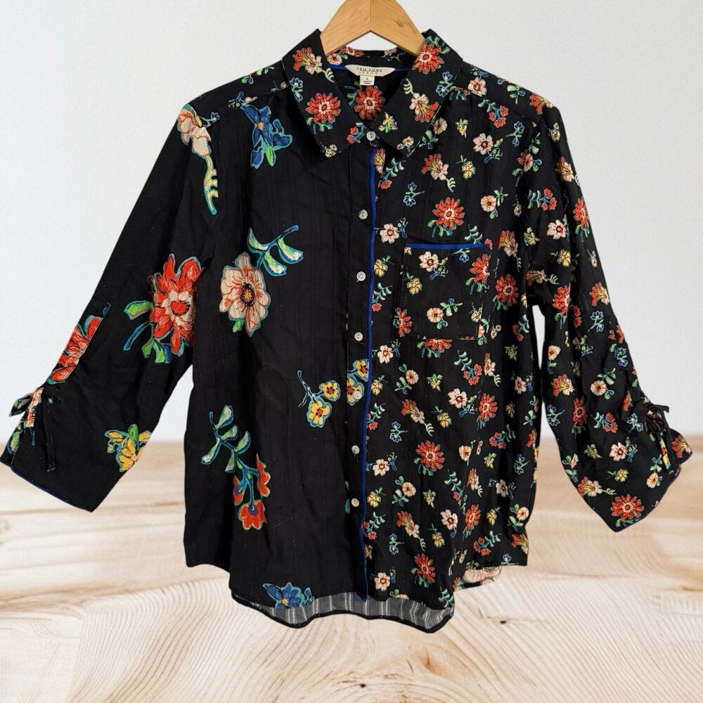 Tru Luxe Jeans Black Floral Print Cotton Button Up Shirt Blouse Sz L 3/4 Sleeves
